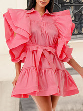Buttoned Pleated Ruffled Solid Color Tied Waist A-Line High Waisted Lapel Mini Dresses
